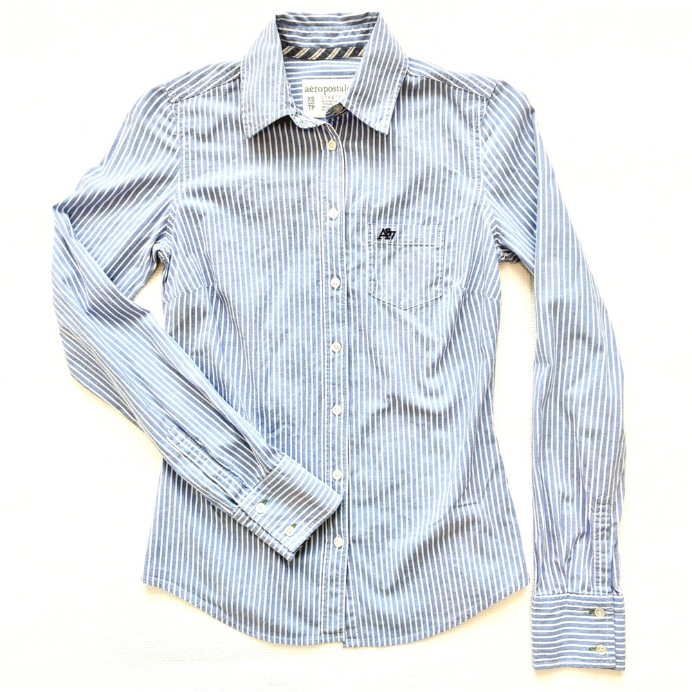 Y2k VTG Aeropostale Button Down Shirt Striped Preppy Long Sleeve XS Blue White